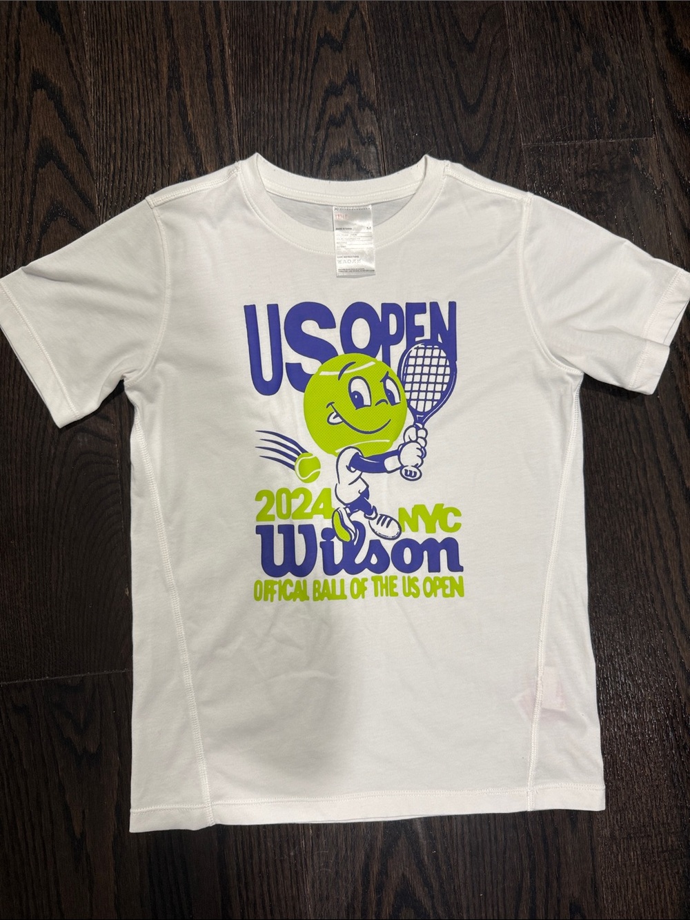 Wilson White Tee with Blue and Neon Green US Open Graphic